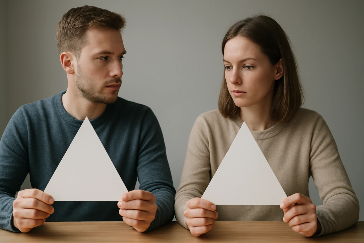 Két ember, akik fehér háromszögeket tartanak a kezükben, komoly arckifejezéssel.