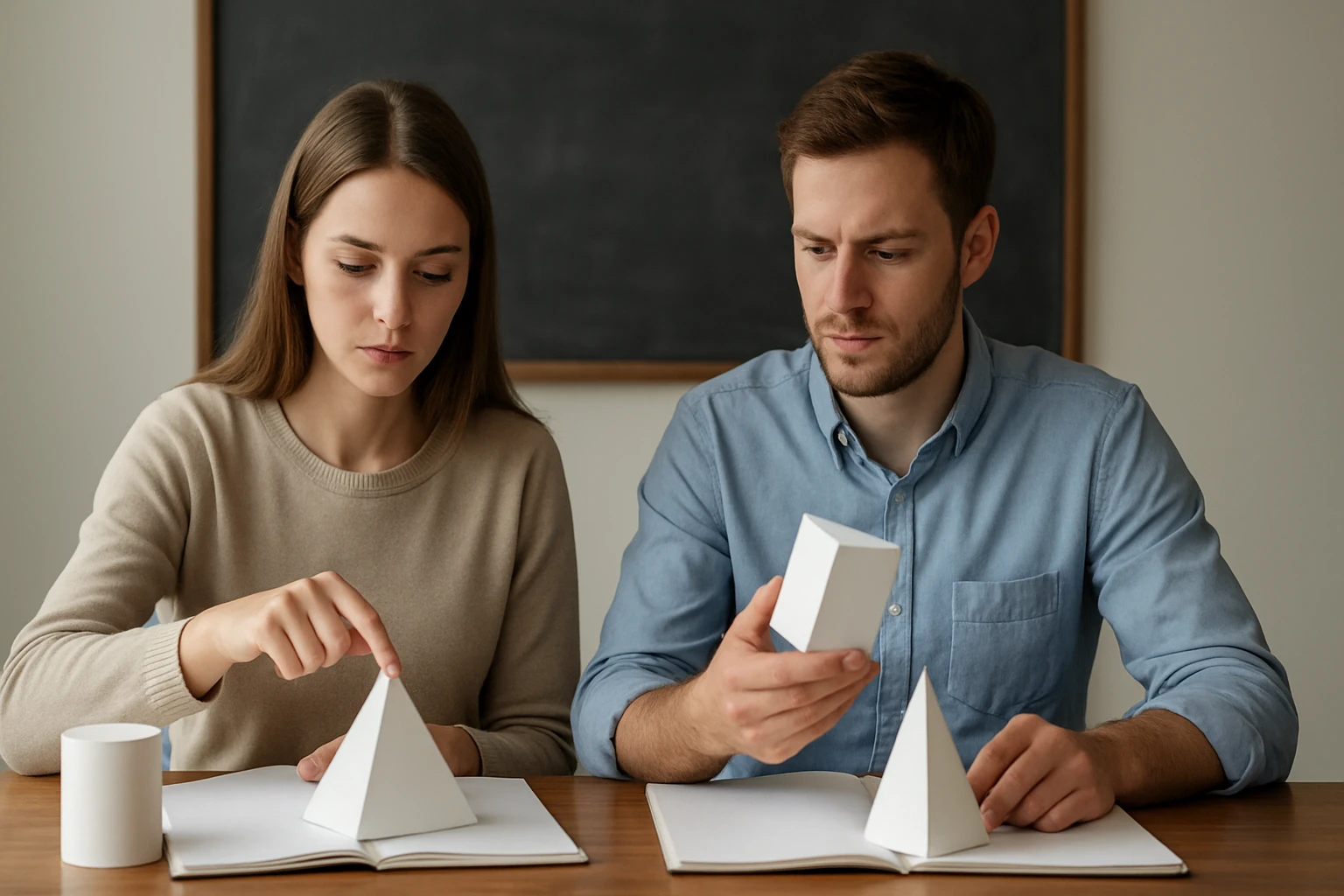 Két fiatal felnőtt geometriai formákat tanulmányoz egy asztalon.