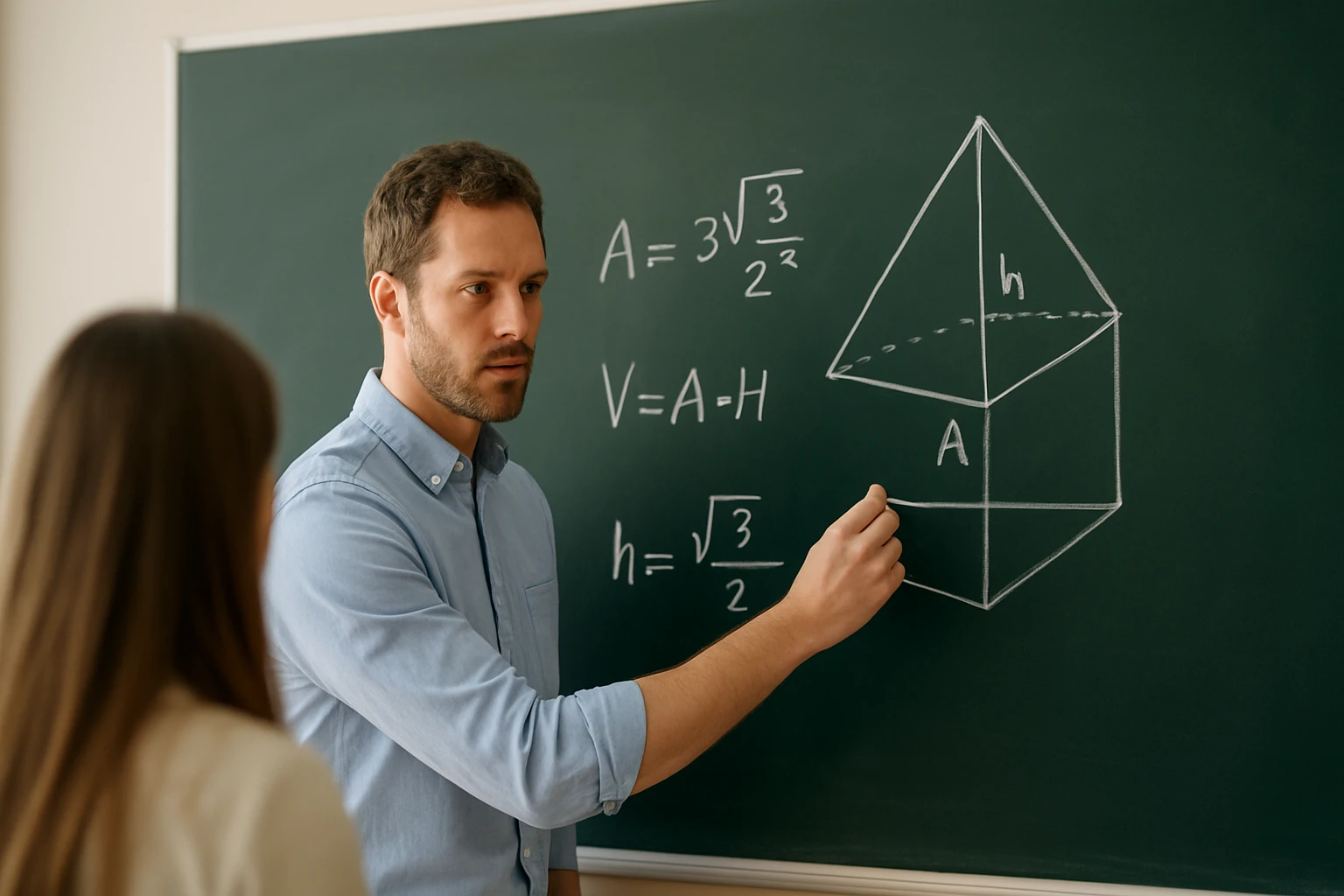 Egy tanár geometriai képleteket magyaráz a táblán, diák figyel.