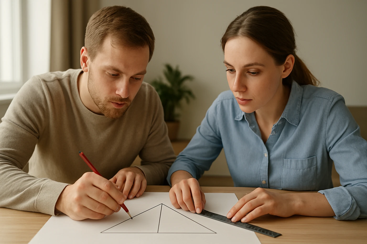 Két fiatal ember geometriai alakzatot rajzol egy papírra, figyelmesen dolgoznak.