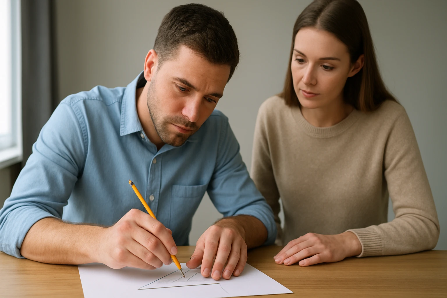 Egy férfi geometriai formákat rajzol papírra, miközben egy nő figyeli.