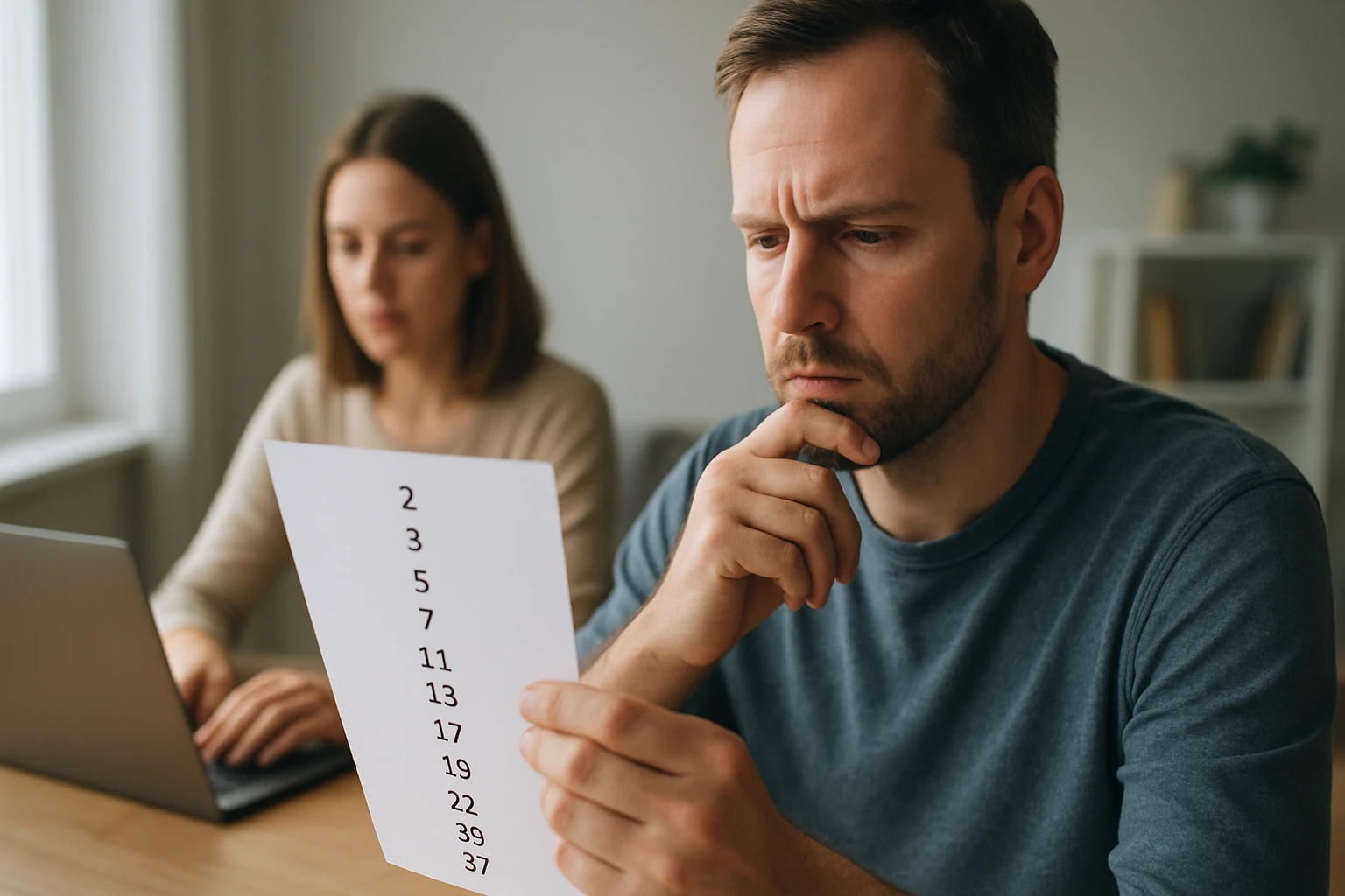 Egy férfi gondolkodik, miközben egy papírlapot néz, amely számokat tartalmaz.