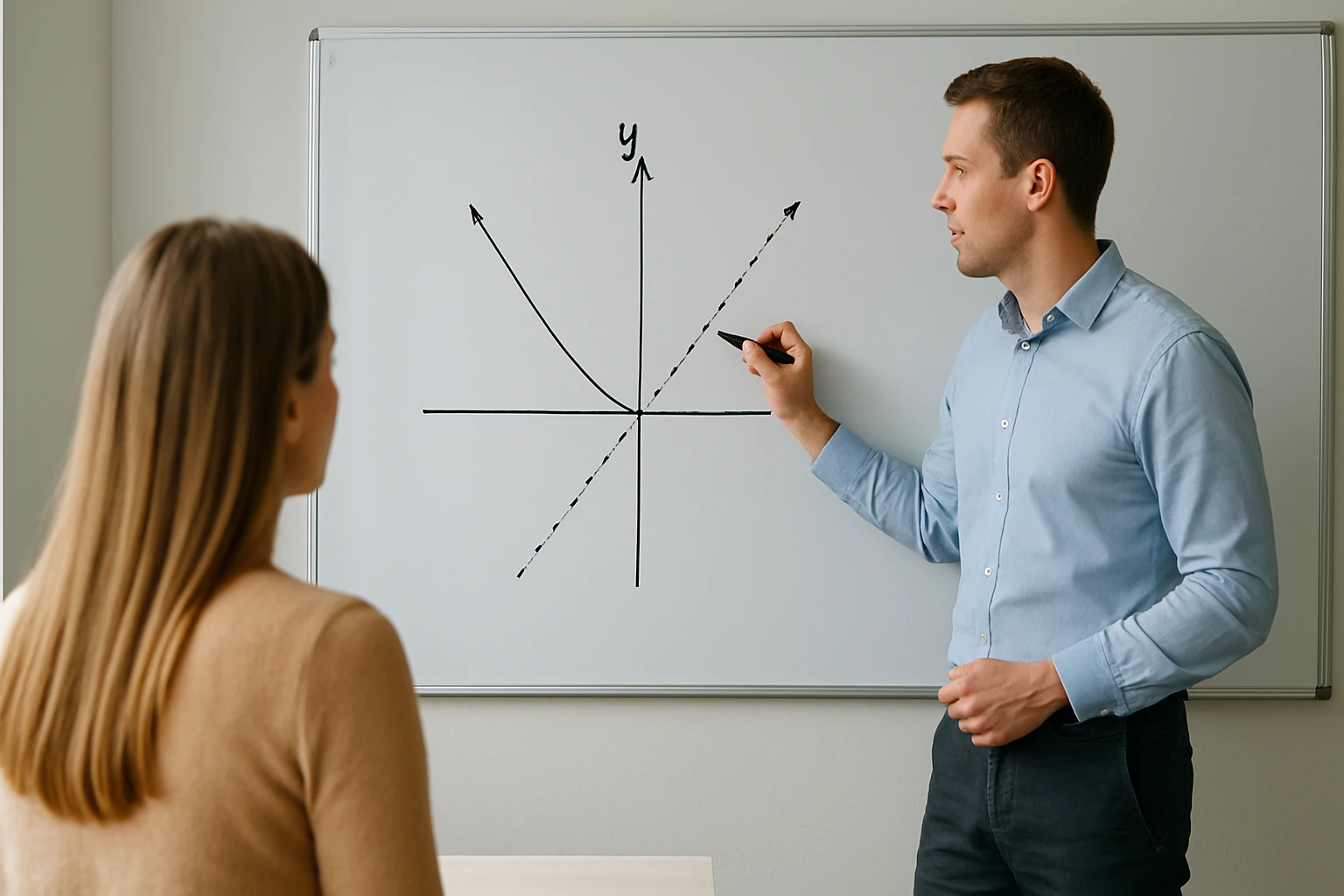 Egy férfi egy fehér táblán grafikonokat magyaráz, miközben egy nő figyel.