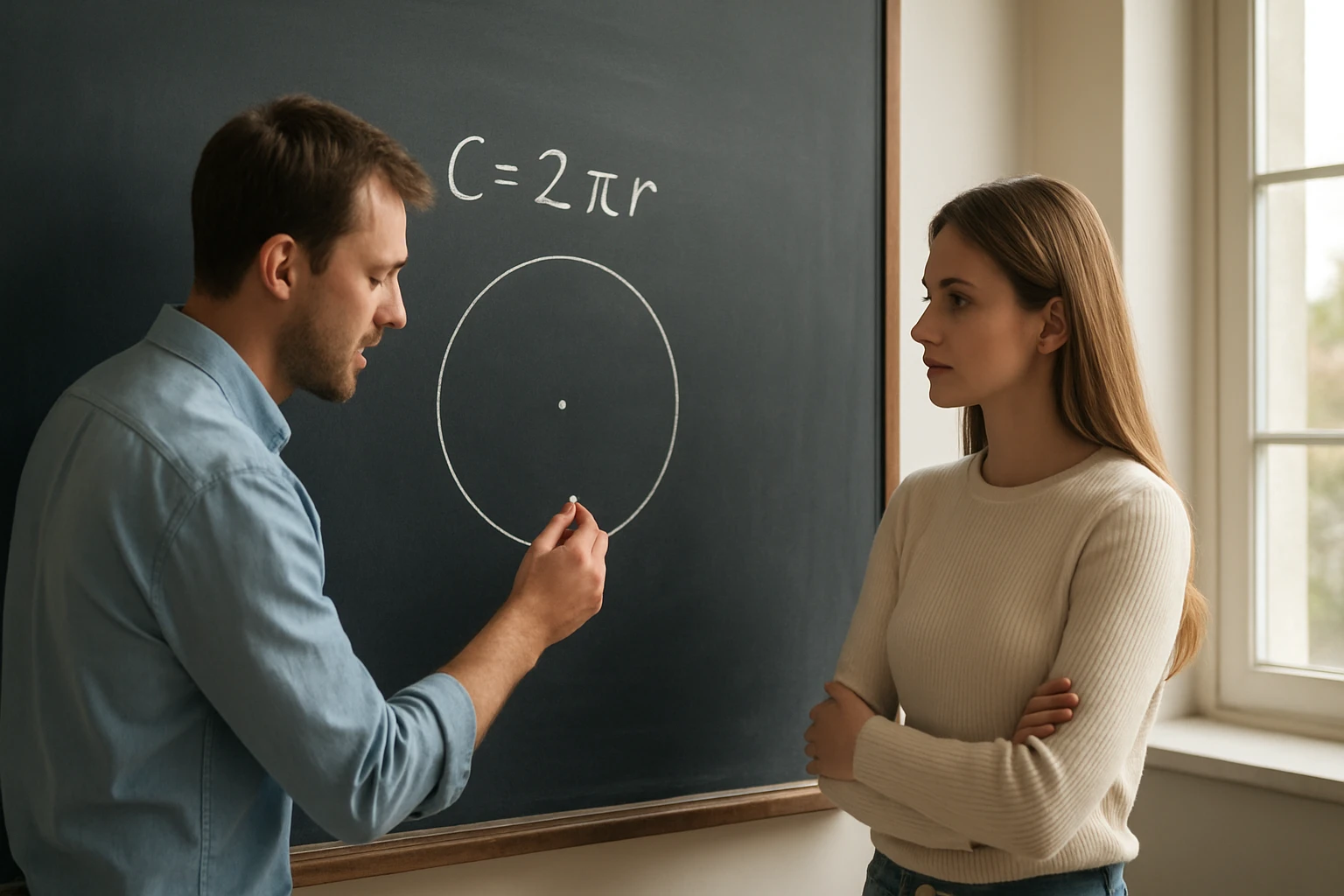 Egy férfi a táblán a kör kerületét magyarázza egy nőnek.