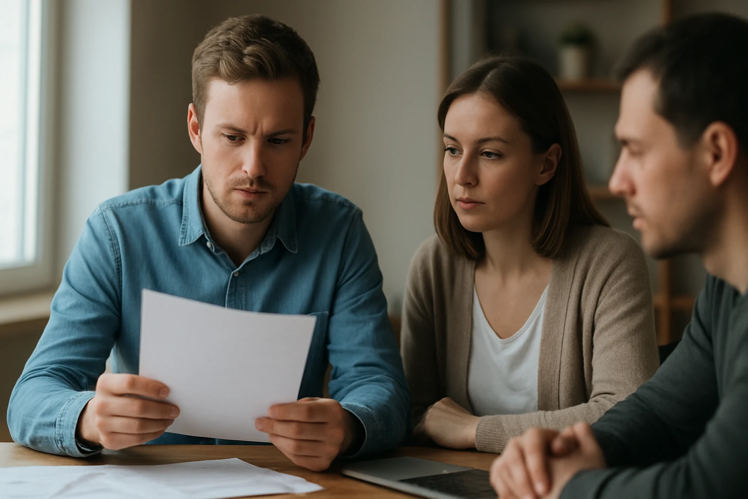 Három fiatal felnőtt ül egy asztalnál, papírt nézve, koncentrált arccal.
