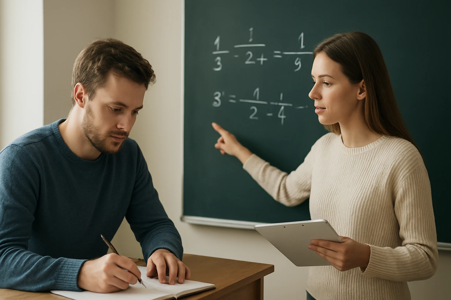 Egy fiatal nő matematikai példákat magyaráz egy férfinak egy táblán.