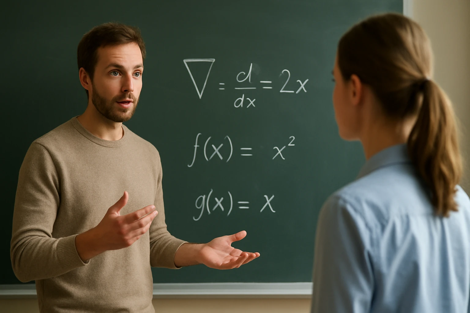 Egy férfi matematikát tanít egy nőnek egy táblánál, ahol egyenletek láthatók.