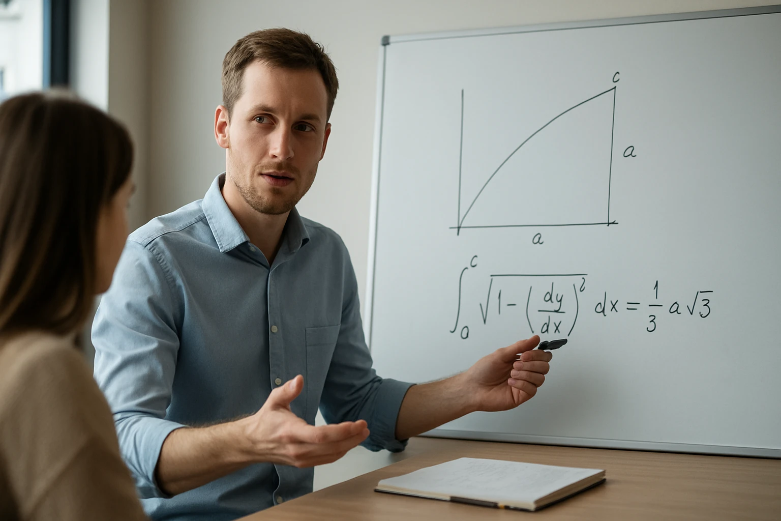 Egy férfi matematikai egyenleteket magyaráz egy diáknak egy táblán.