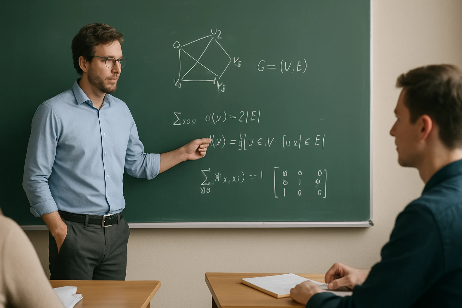 Egy tanár matematikai képleteket magyaráz a táblán, diákok figyelnek.