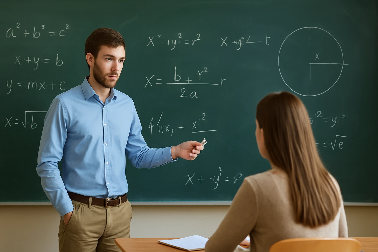 Egy fiatal tanár matematikai egyenleteket magyaráz a diákjának.