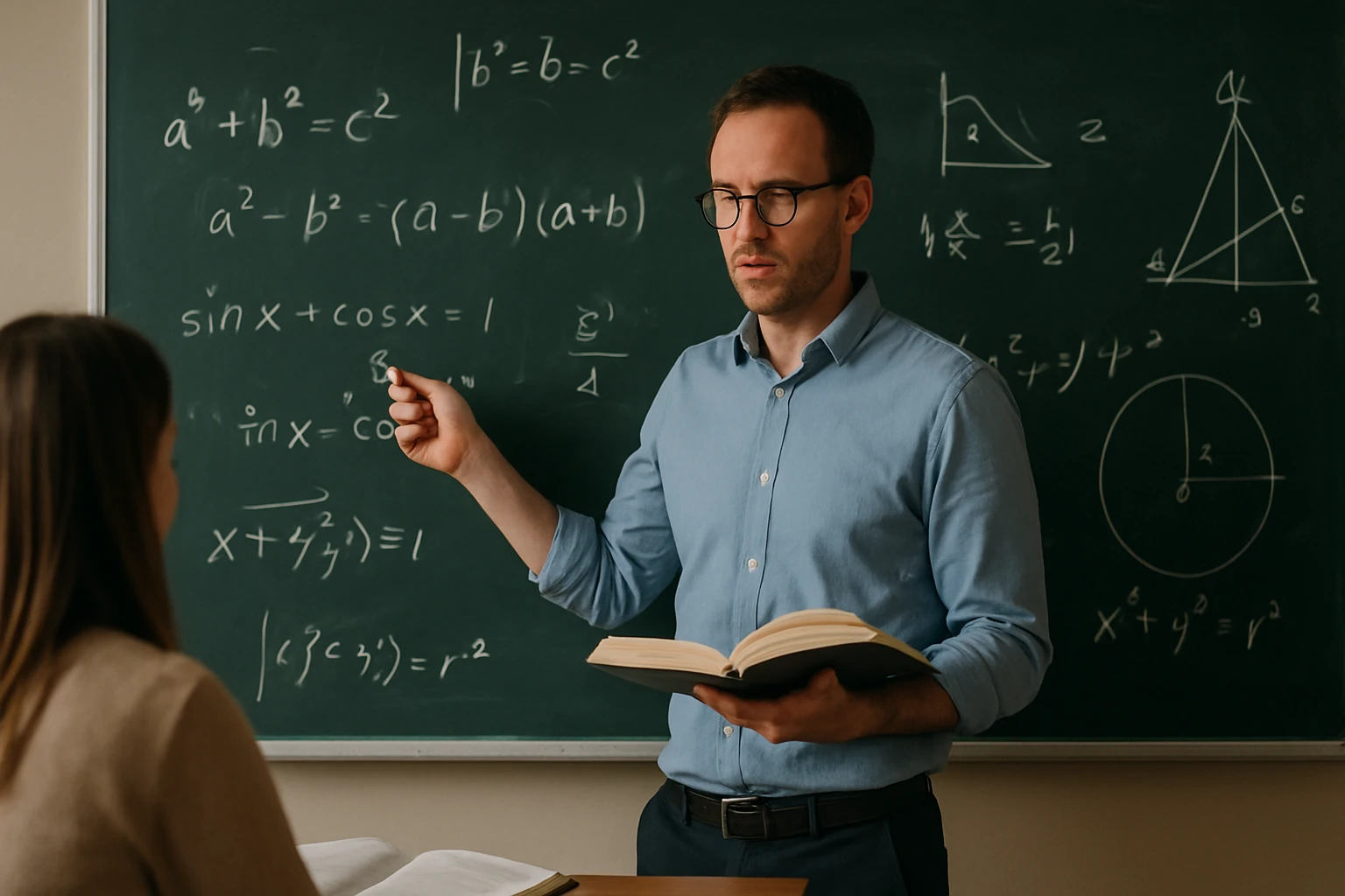 Egy tanár matematikai képleteket magyaráz a táblán, diák figyel.