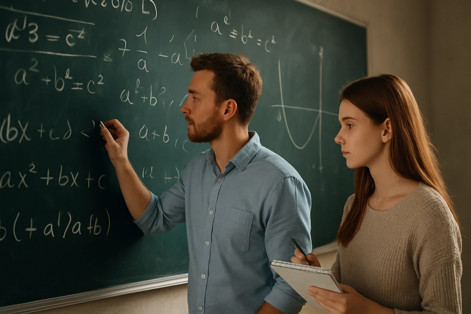 Egy férfi matematikai képleteket ír a táblára, míg egy nő figyelmesen nézi.