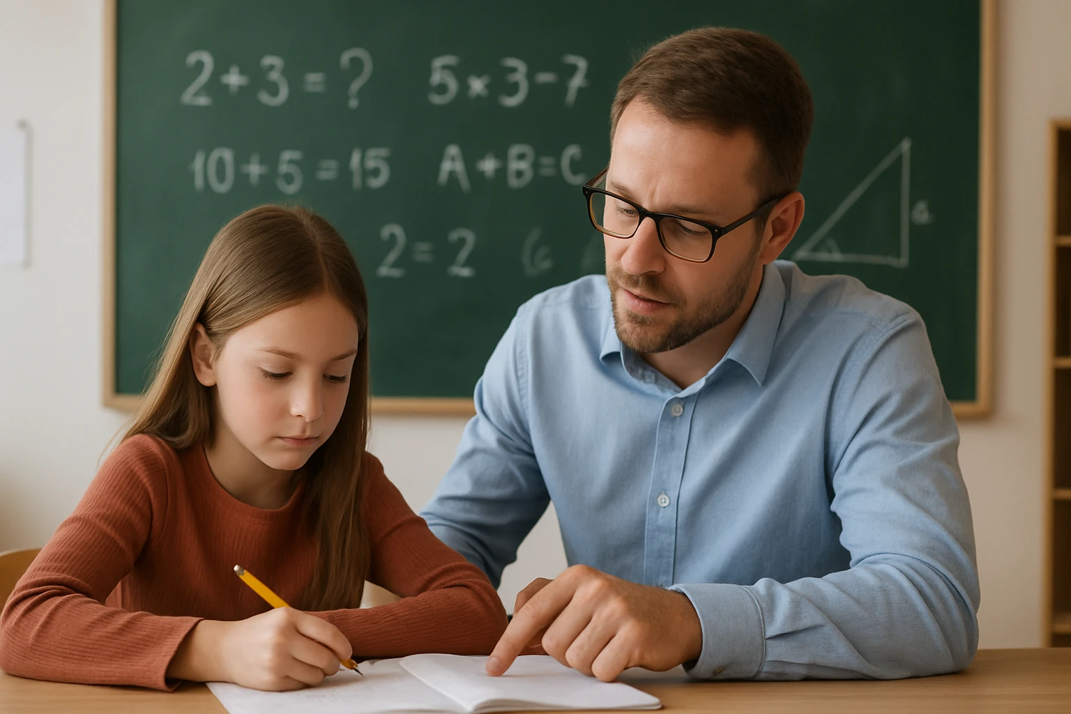 Egy lány matematikai feladatokat old meg, miközben egy felnőtt segít neki.