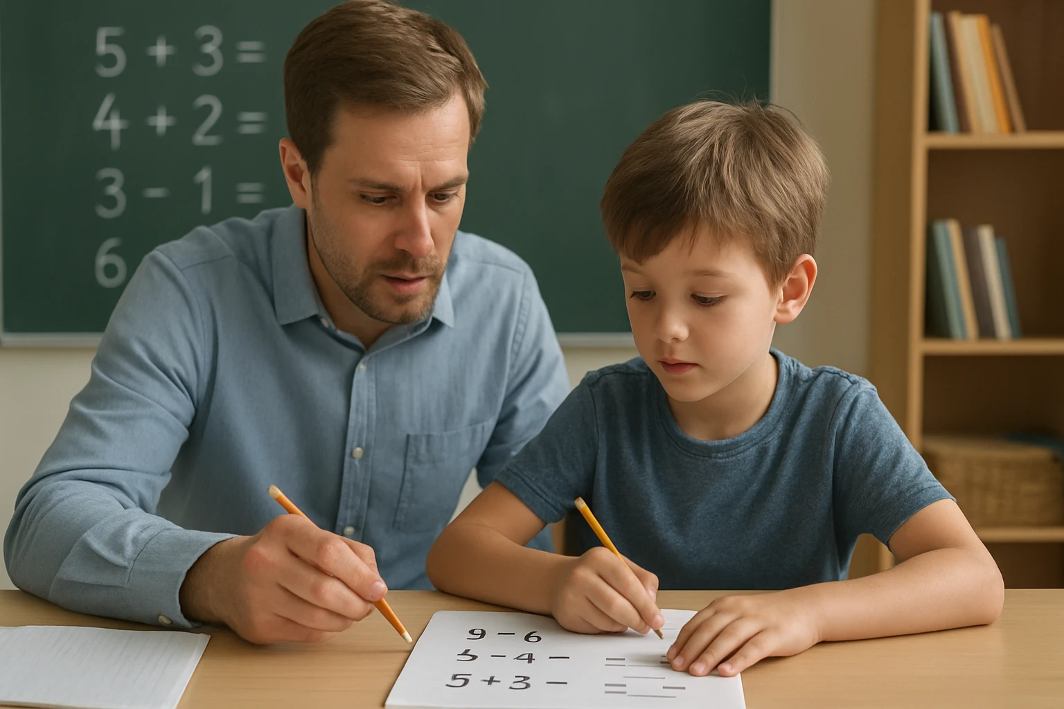 Egy apa segít a fiának matematikai feladatokat megoldani egy asztalnál.