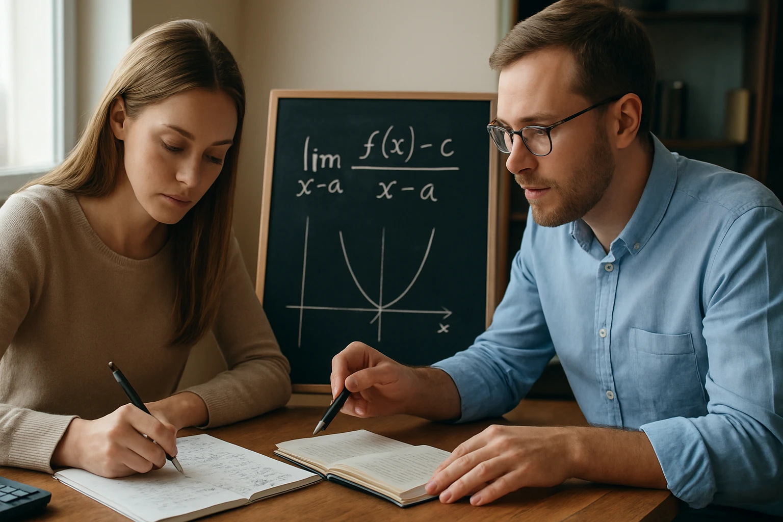 Két fiatal felnőtt matematikát tanul, jegyzetelnek és egy táblát néznek.