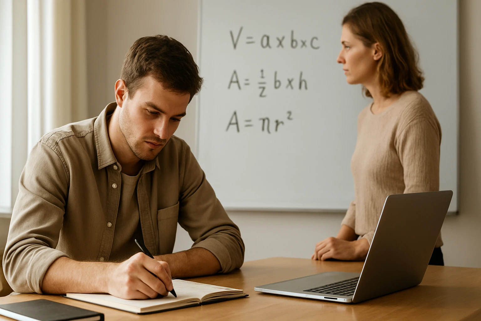 Egy fiatal férfi matematikai képleteket ír egy jegyzetfüzetbe, miközben egy nő figyeli.