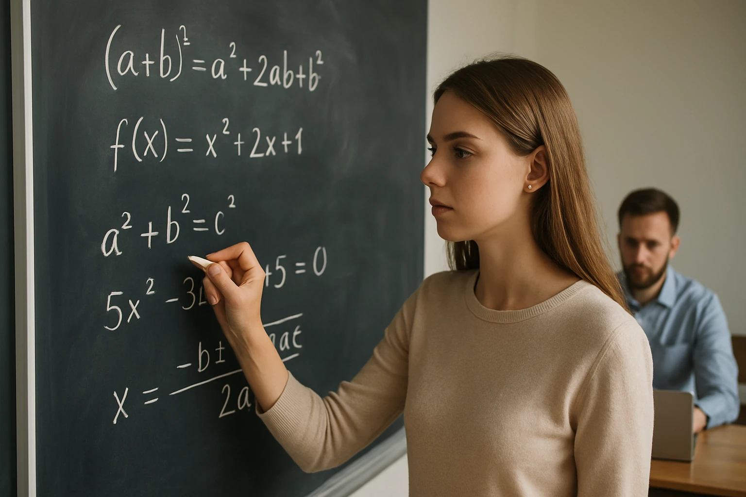 Egy fiatal nő matematikai egyenleteket ír a táblára, háttérben egy férfi ül.