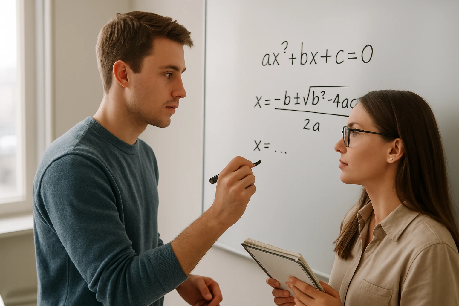 Egy fiatal férfi matematikai egyenleteket magyaráz egy nőnek táblán.