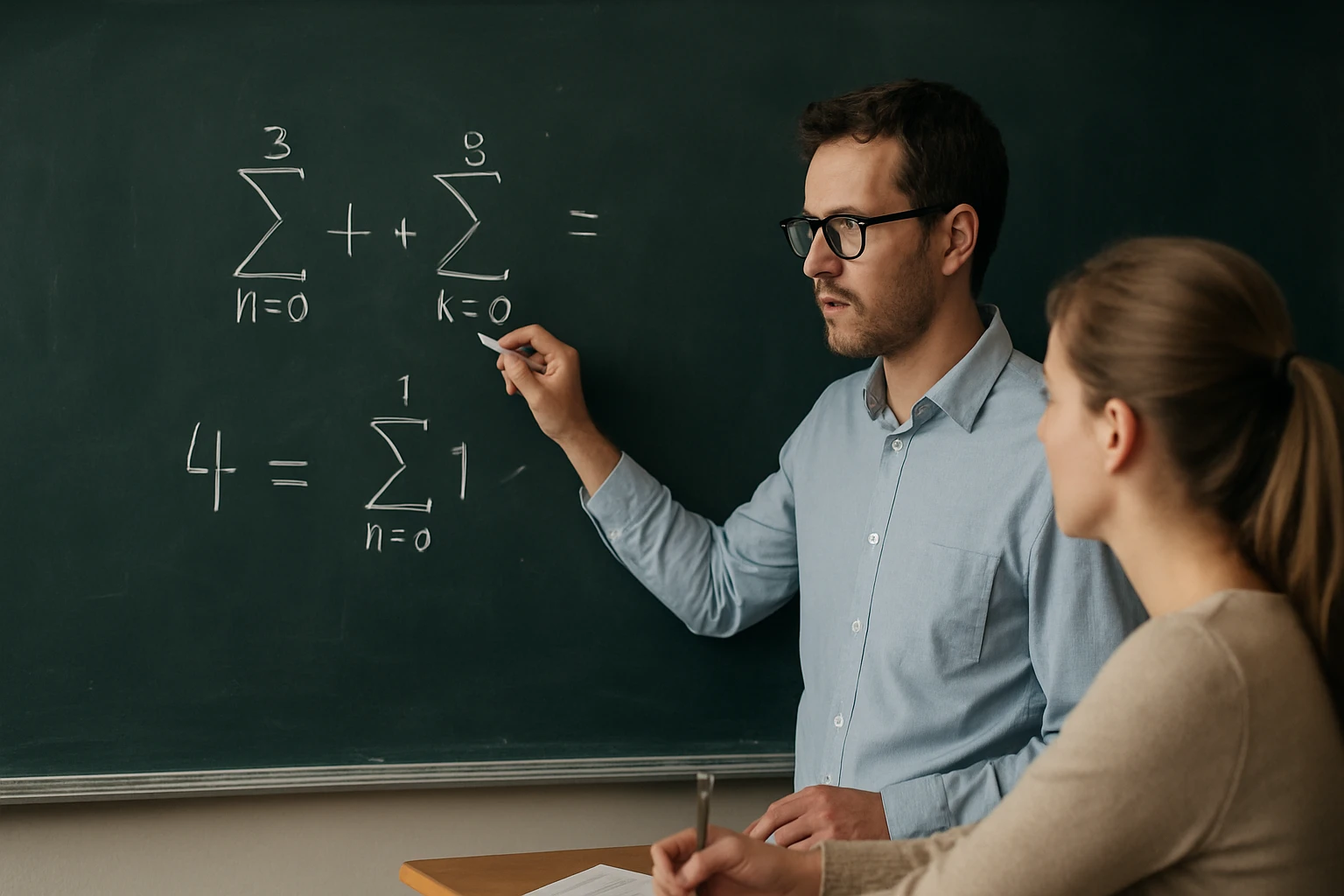 Egy tanár matematikai egyenleteket magyaráz a táblán, diák figyel.