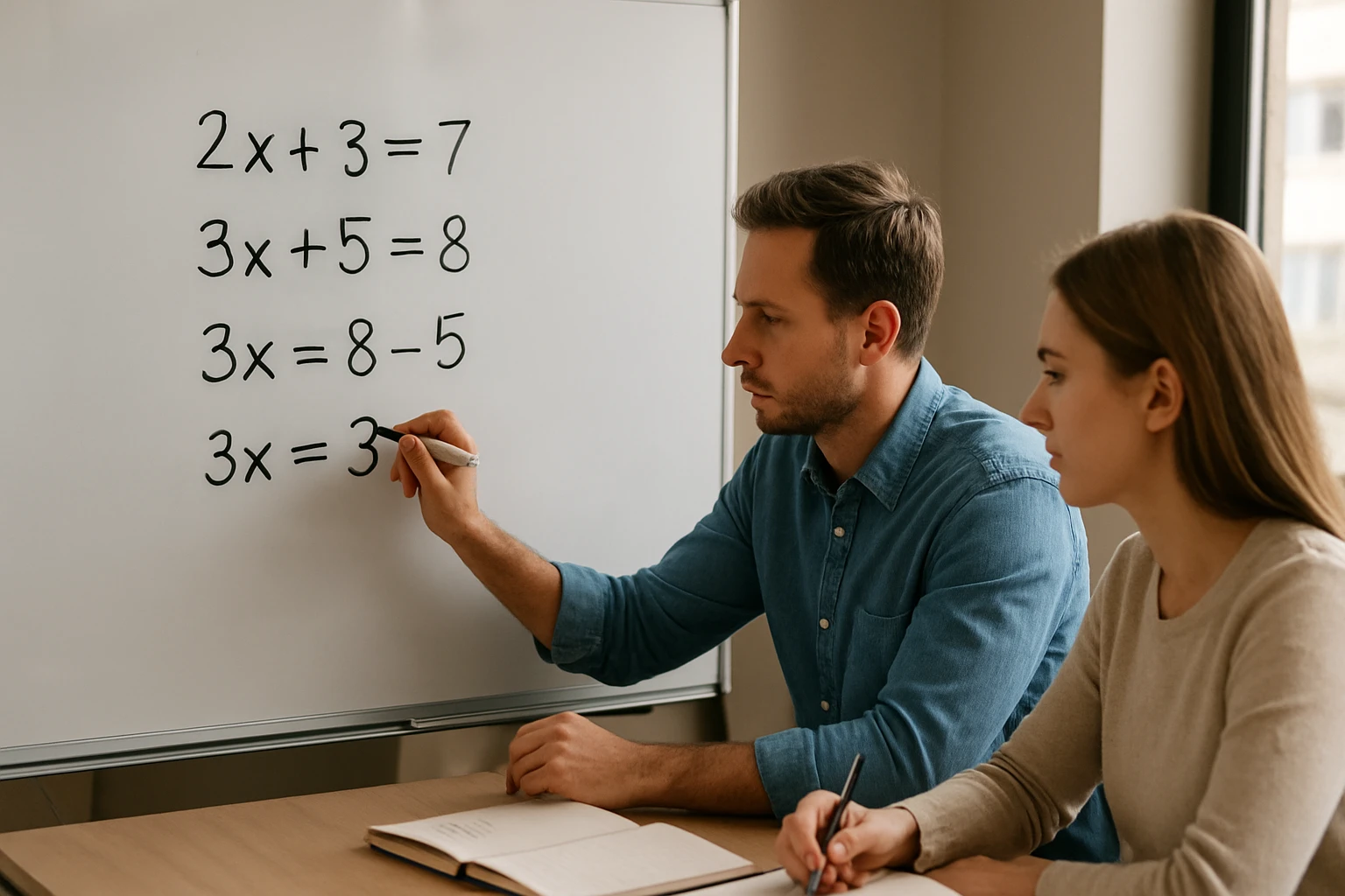 Két fiatal felnőtt egy táblán matematikai egyenleteket old meg.