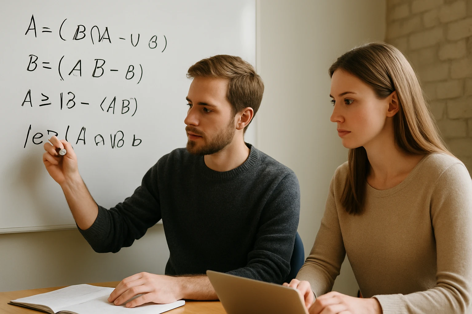 Két fiatal felnőtt matematikai egyenleteket ír a táblára, miközben tanulnak.