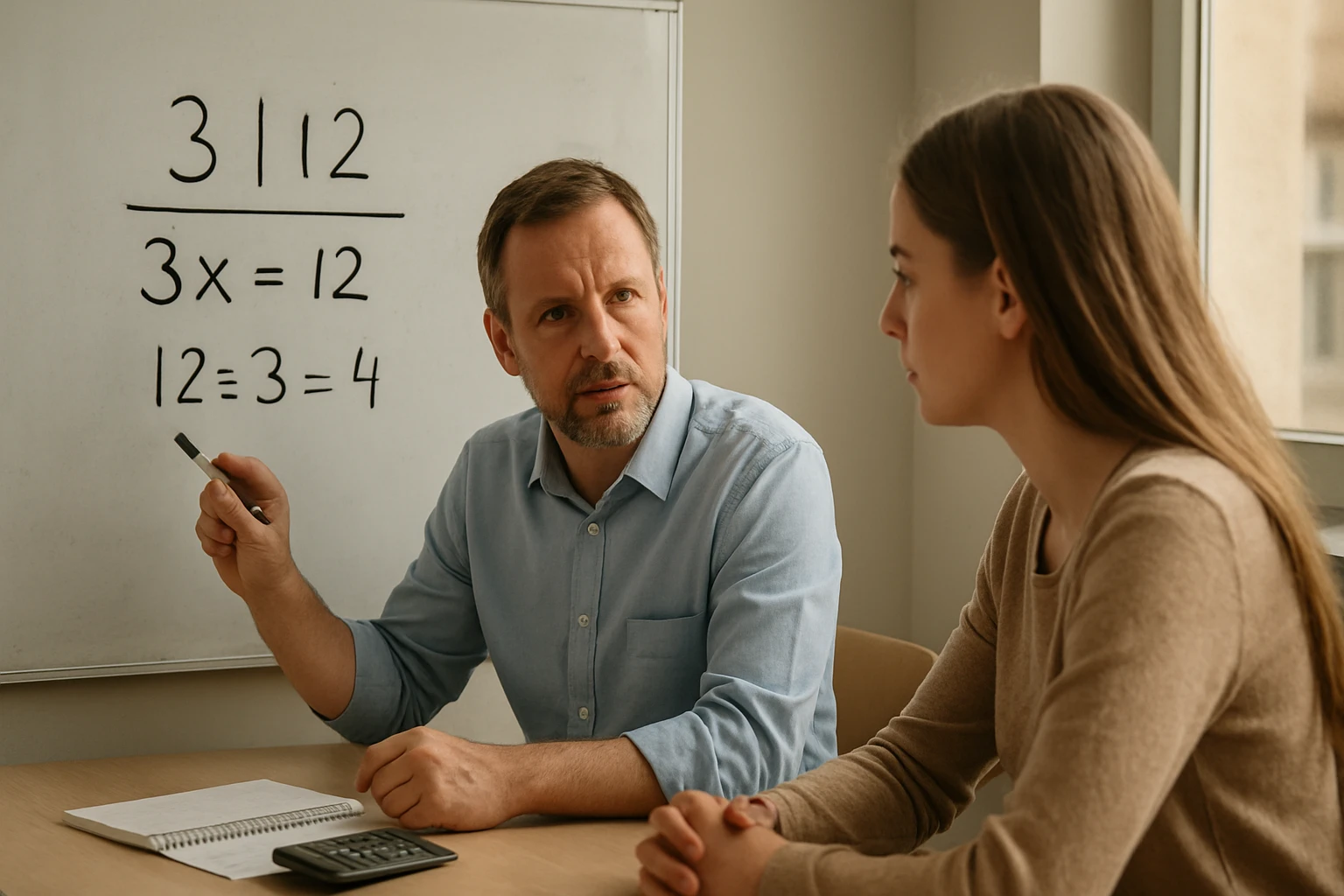 Egy tanár magyaráz matematikai egyenleteket egy diáknak táblán.