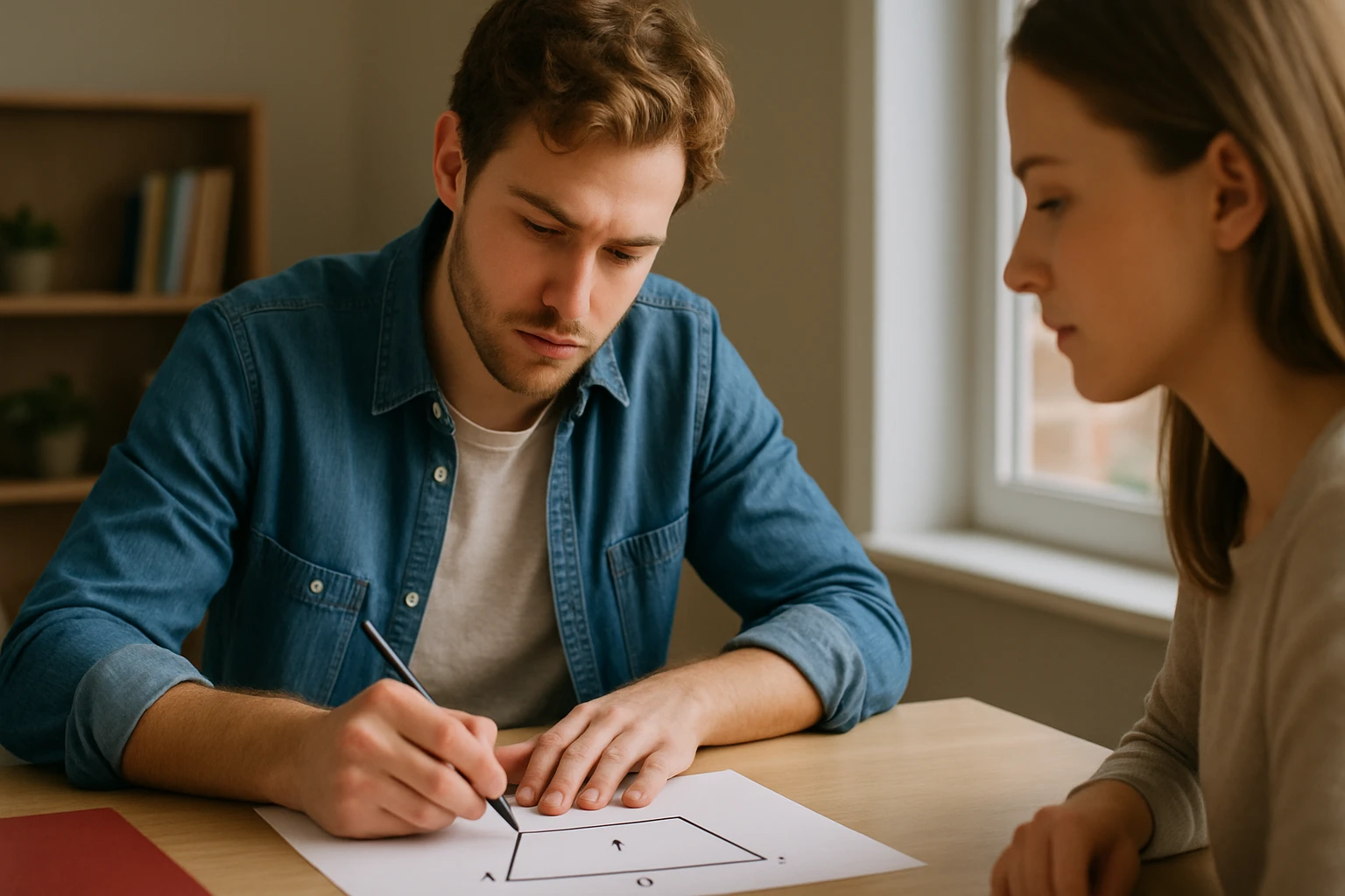 Fiatal férfi matematikai feladatot old meg, miközben egy nő figyeli.