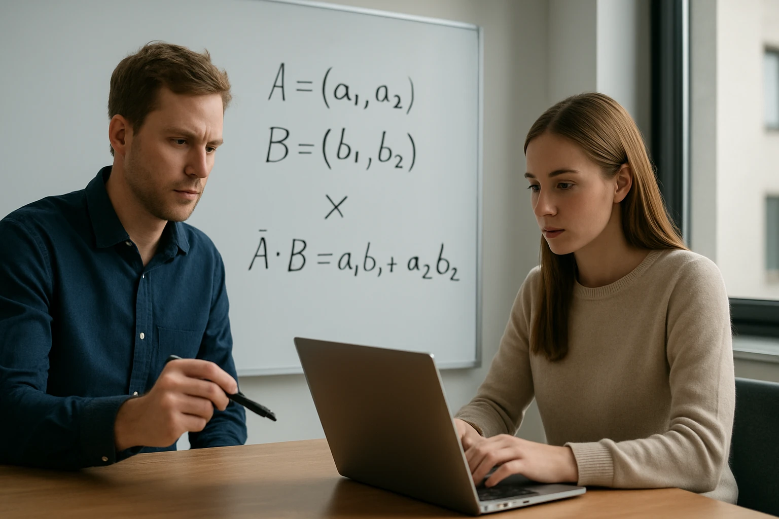 Két fiatal felnőtt matematikai feladatot old meg egy laptop előtt.