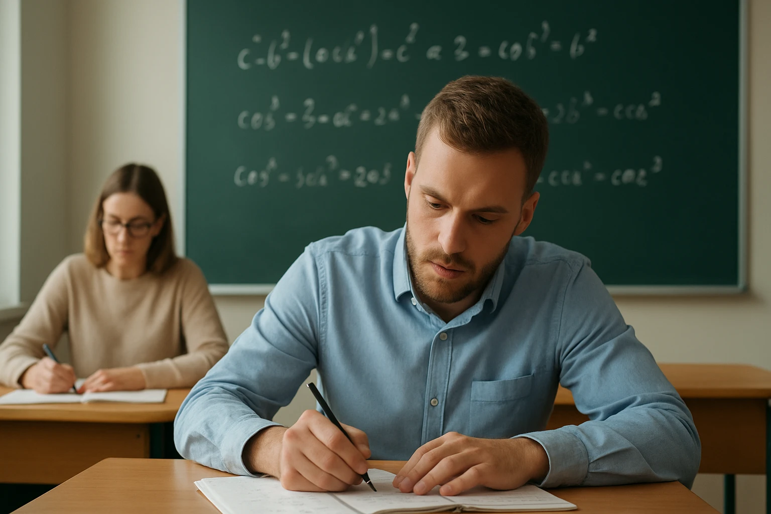 Két diák ül egy osztályteremben, matematikai feladatokat oldanak.