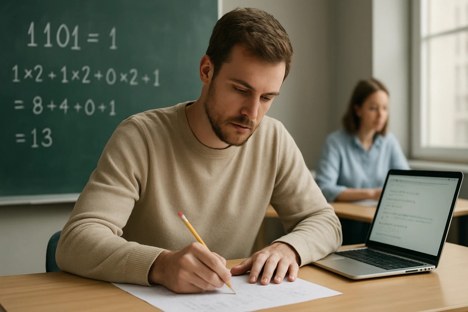 Egy fiatal férfi matematikai feladatot old meg, háttérben táblával.