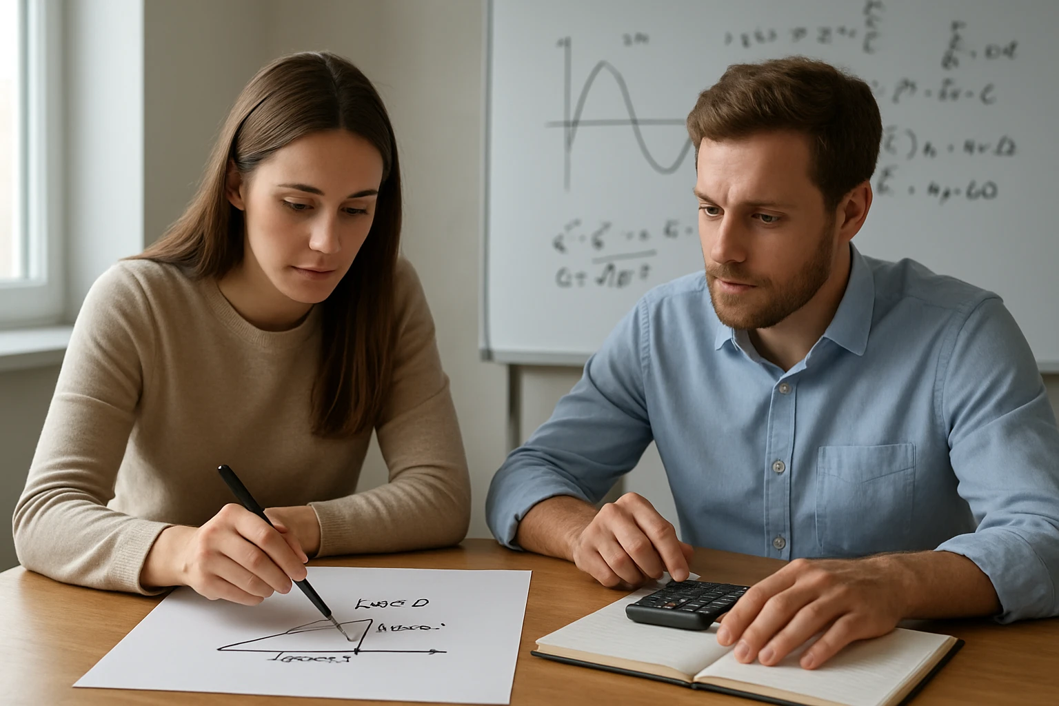 Két fiatal felnőtt matematikai feladatot old meg egy asztalnál, papíron és számológépen dolgoznak.