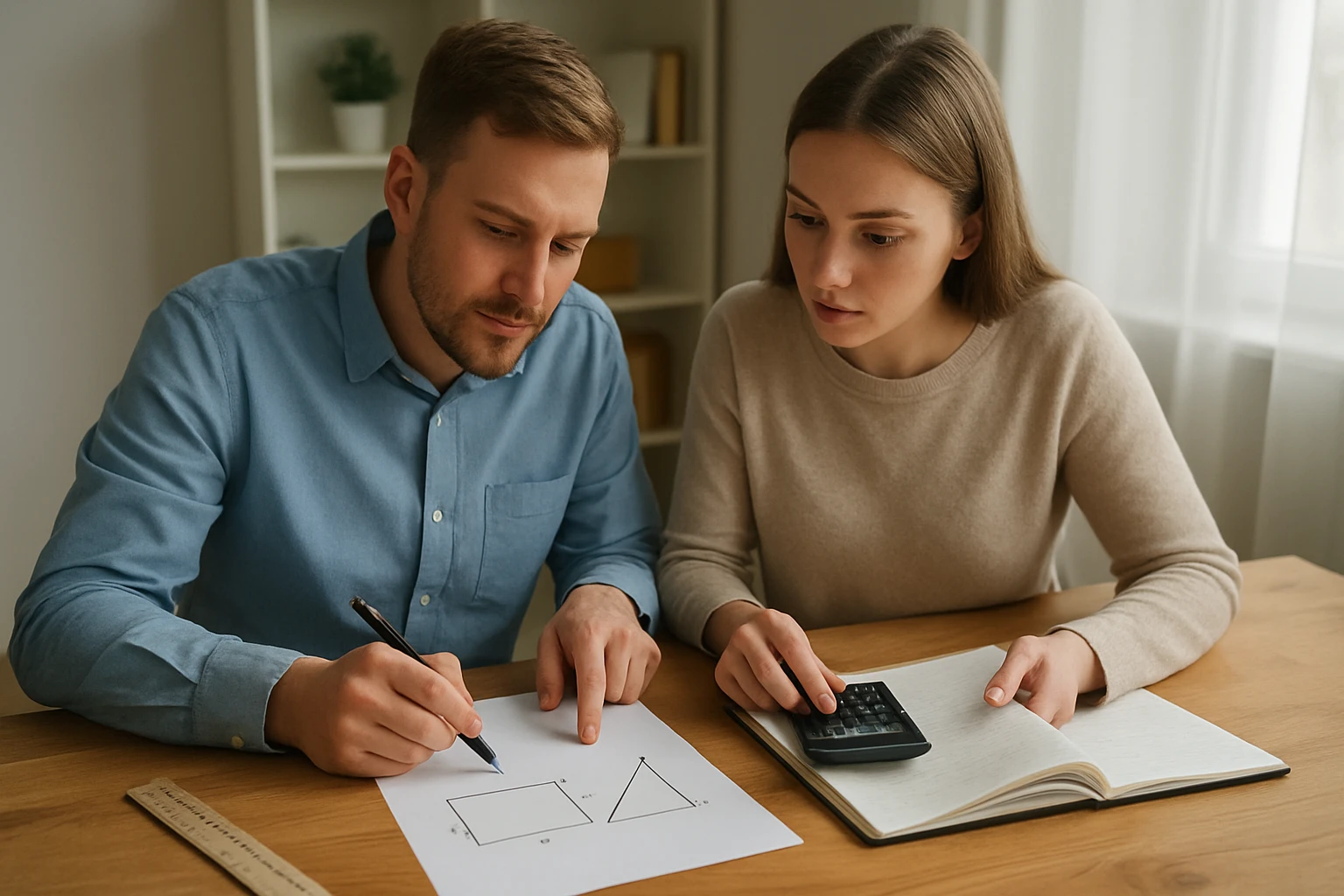Két fiatal felnőtt matematikai feladatokat old meg egy asztalnál.