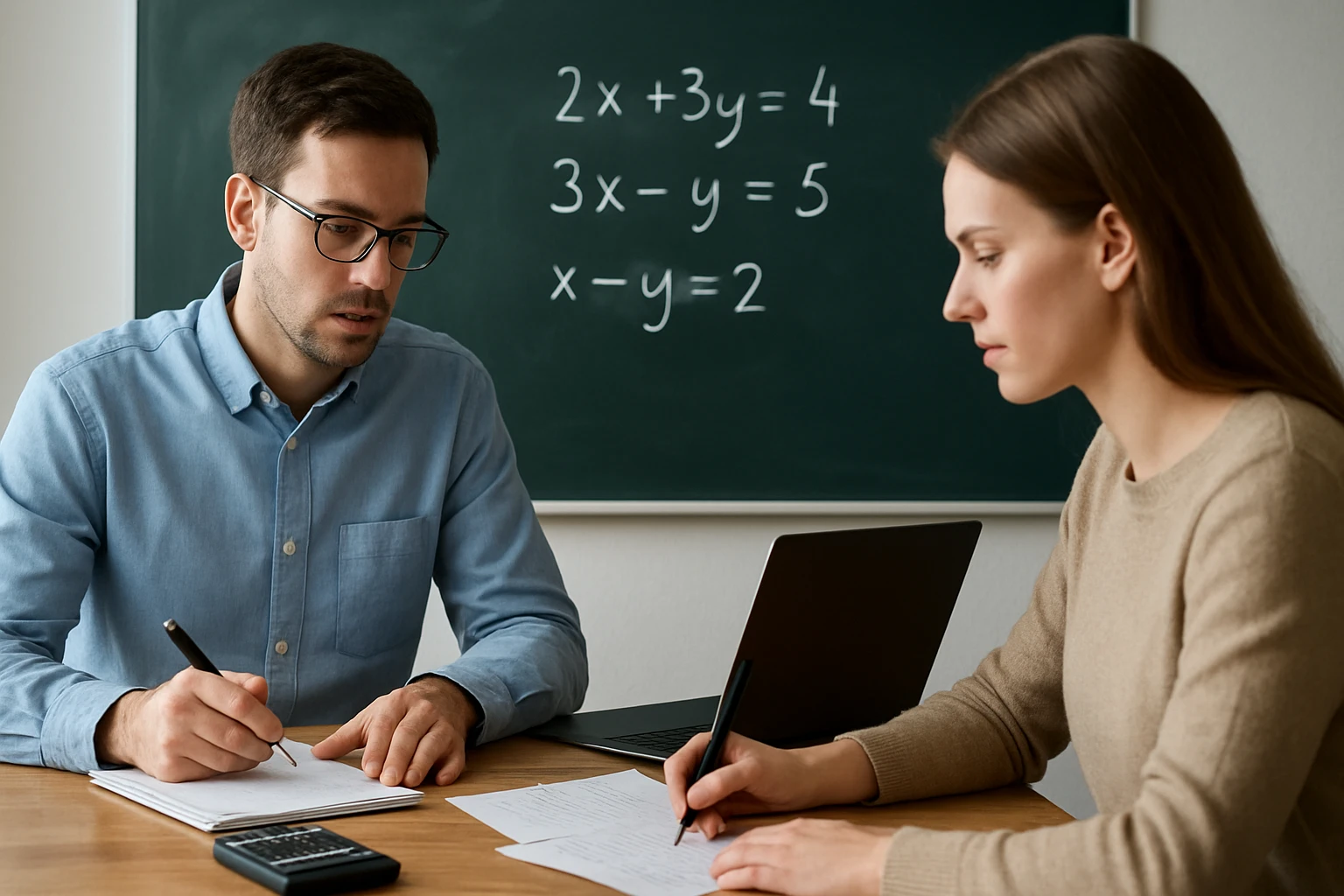 Két ember matematikai feladatokat old meg egy asztalnál, táblán egyenletek láthatók.