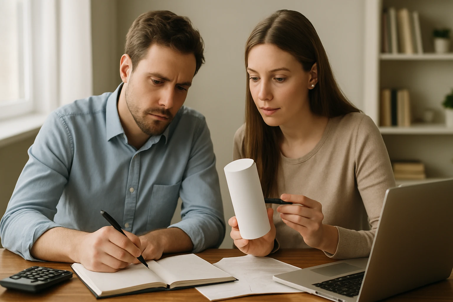 Két fiatal felnőtt matematikai feladatot old meg együtt, jegyzetelnek.