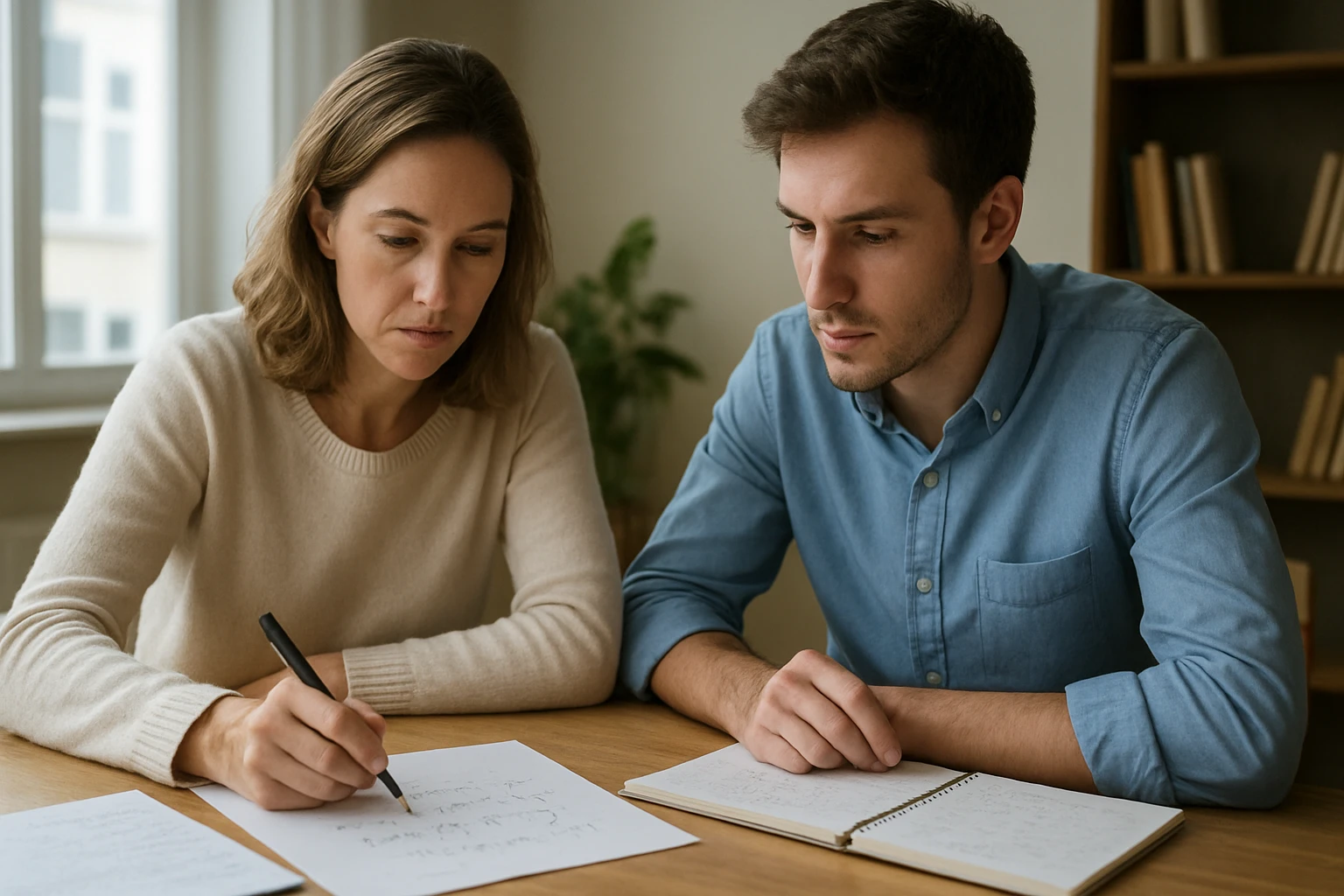 Két fiatal felnőtt ül egy asztalnál, matematikai feladatokat oldanak meg.