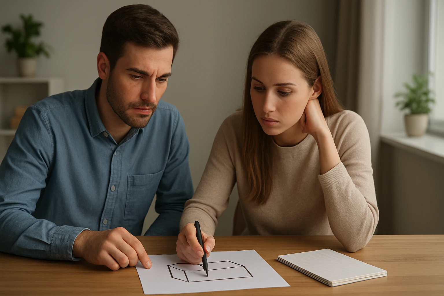 Két fiatal ember egy asztalnál ül, matematikai feladatot oldanak meg.