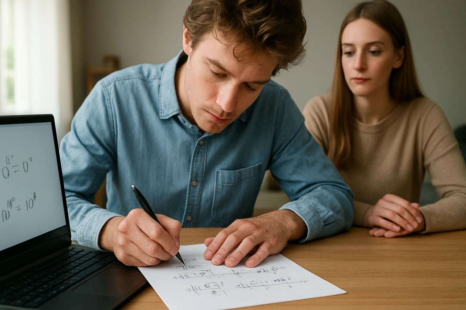 Egy fiatal férfi matematikai feladatokat old meg papíron, miközben egy nő figyeli.