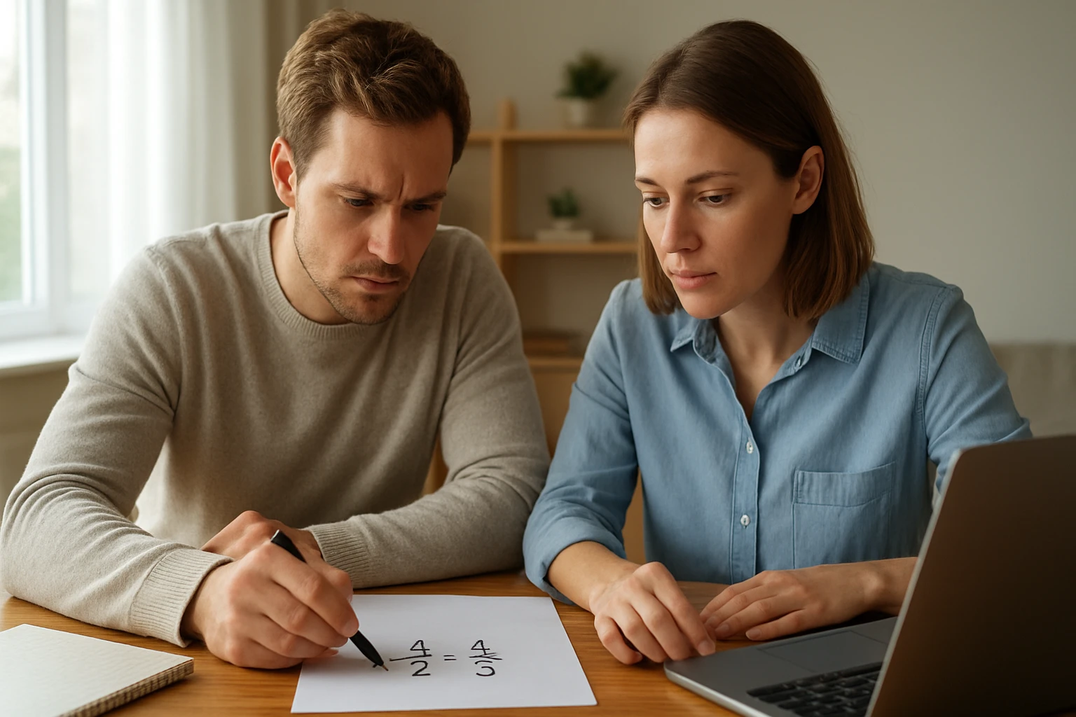 Két fiatal felnőtt matematikai feladatot old meg papíron, koncentráltan.