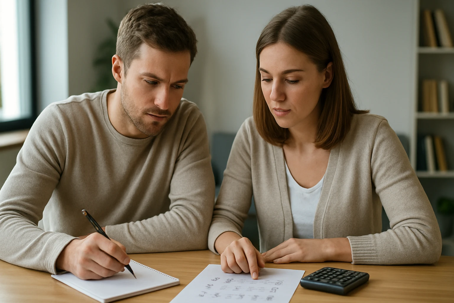 Két fiatal felnőtt matematikai feladatokat old meg egy asztalnál.