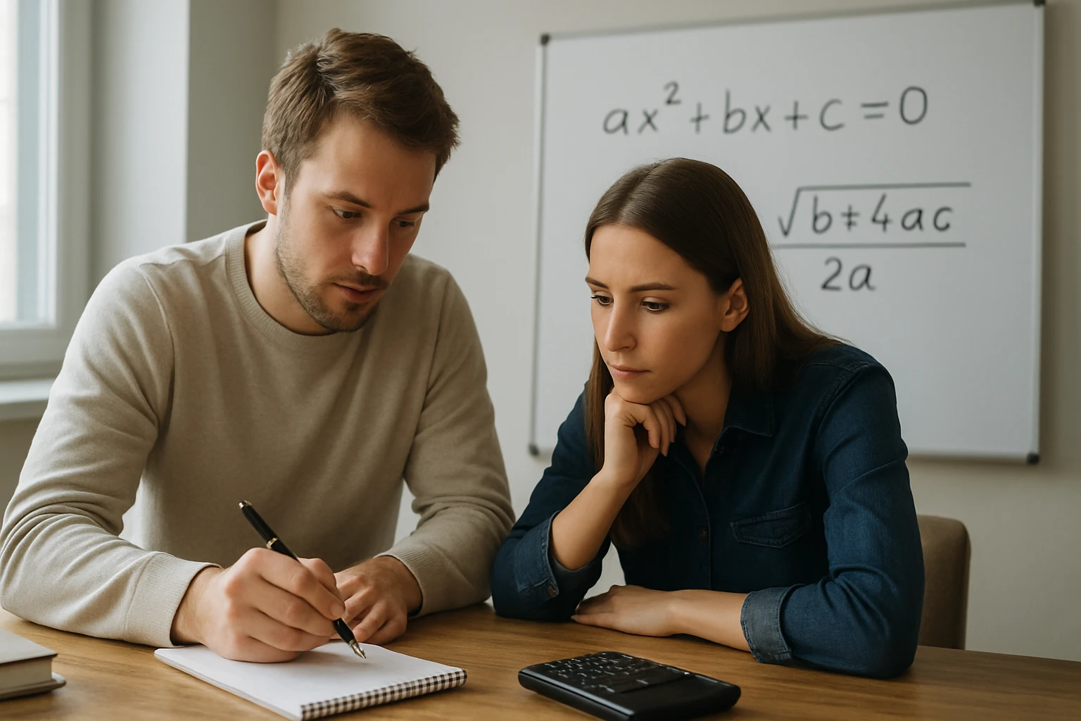 Két fiatal, aki matematikai feladatot old meg egy asztalnál.