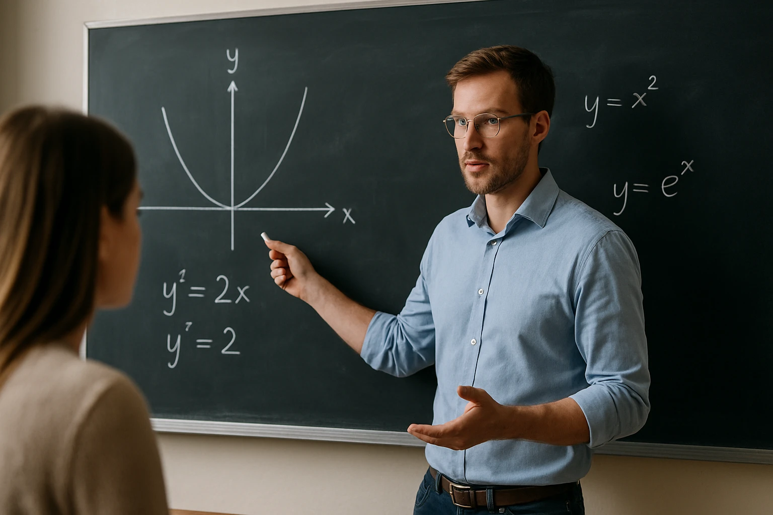 Egy tanár magyaráz matematikai függvényeket egy diák előtt táblán.