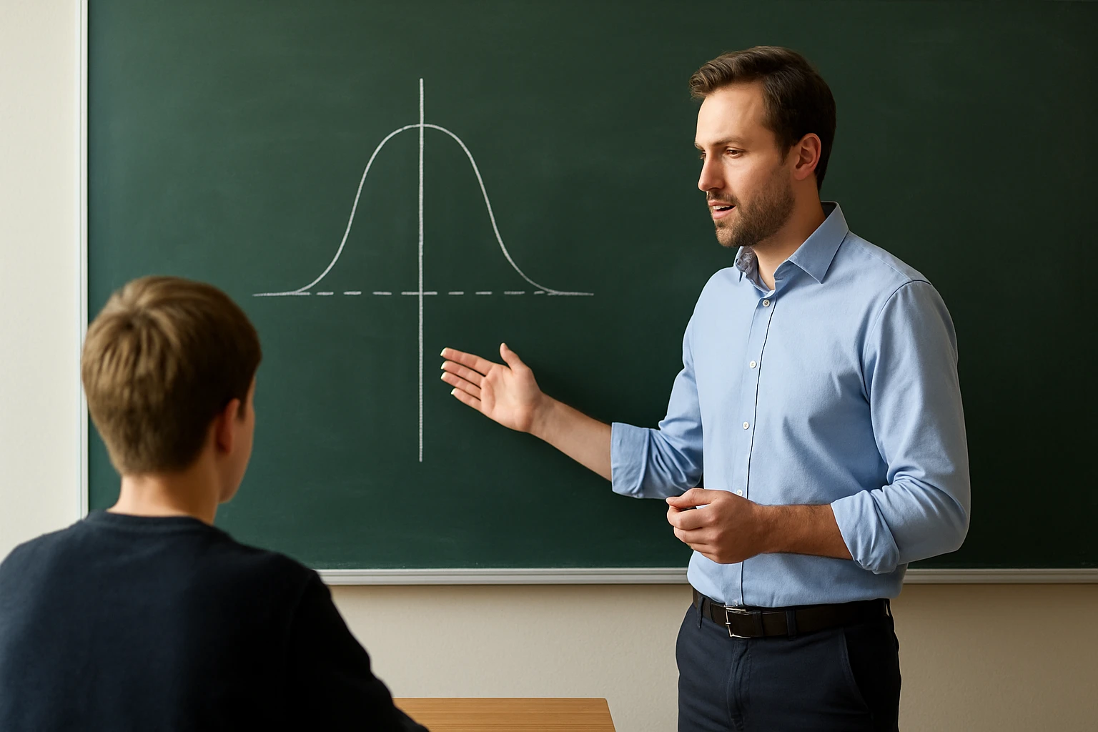 Egy tanár a táblán egy matematikai görbét mutat a diákjának.