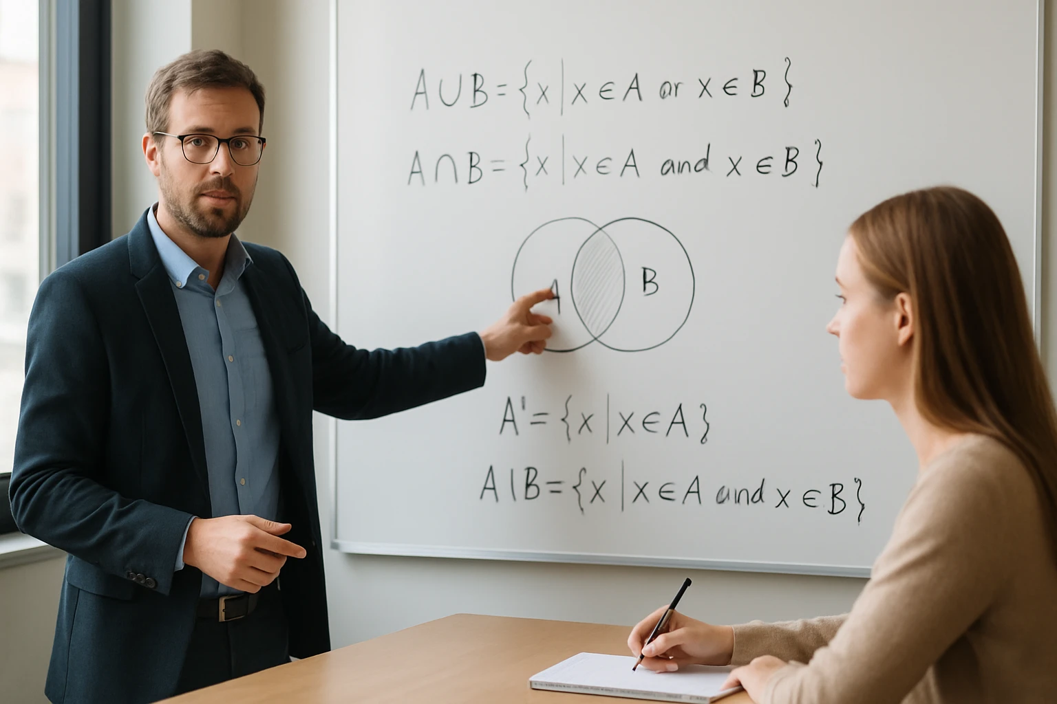 Egy férfi a táblánál magyaráz matematikai halmazokat, míg egy nő jegyzetel.