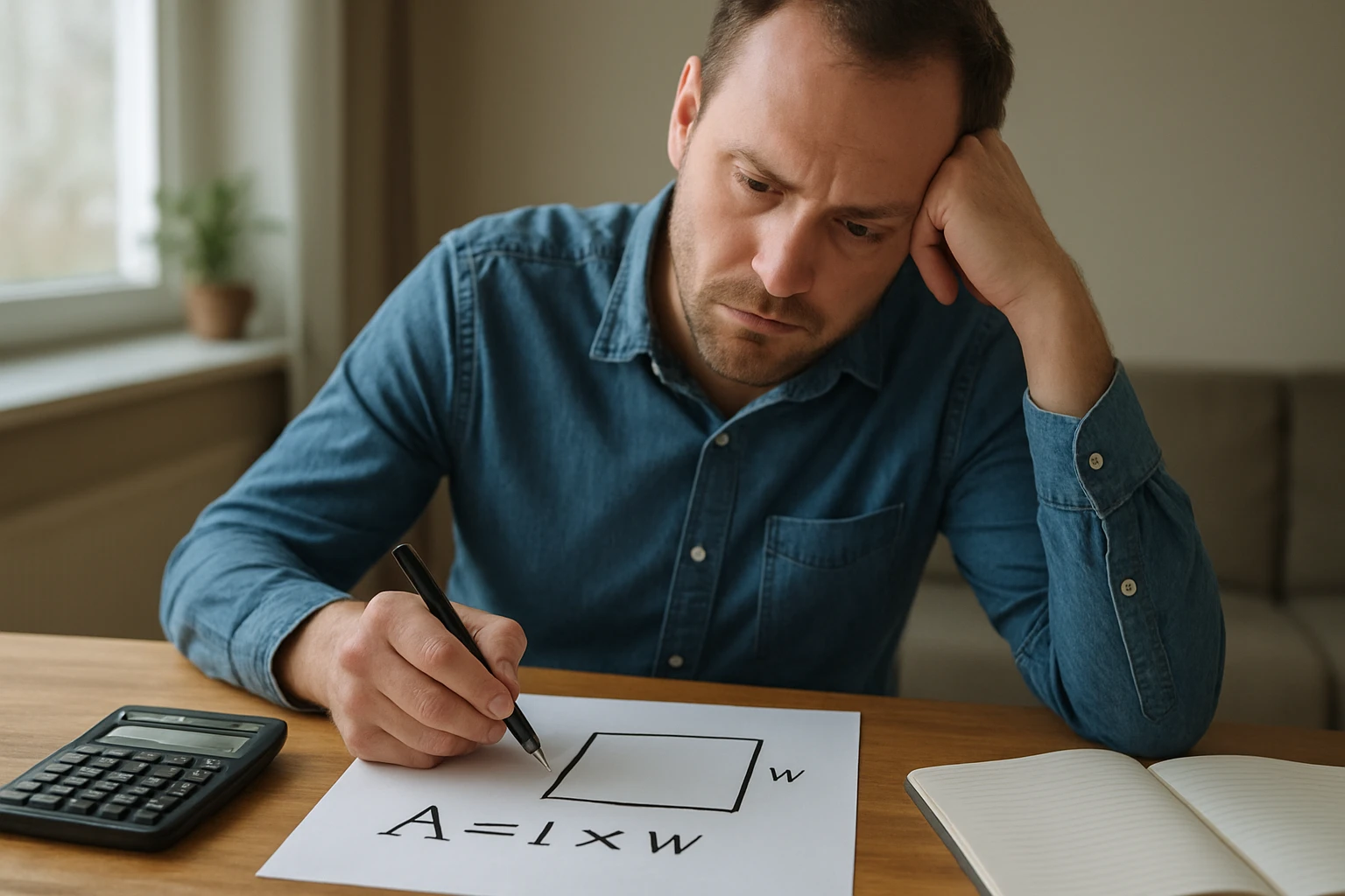 Egy férfi matematikai képletet ír a négyzet területéről, miközben gondolkodik.