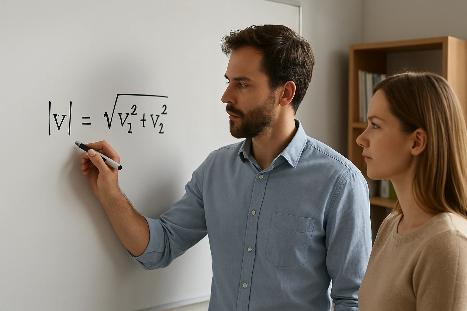 Egy férfi matematikai képletet magyaráz egy nőnek táblán.
