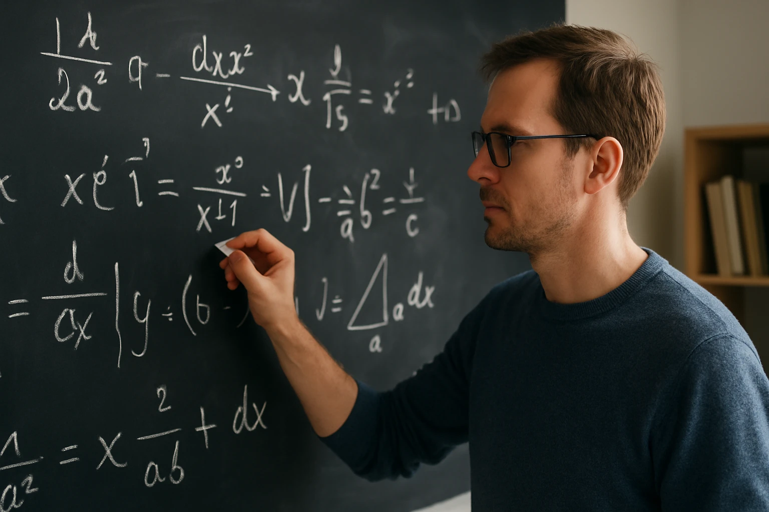 Egy férfi matematikai képleteket ír a táblára, koncentrált arckifejezéssel.