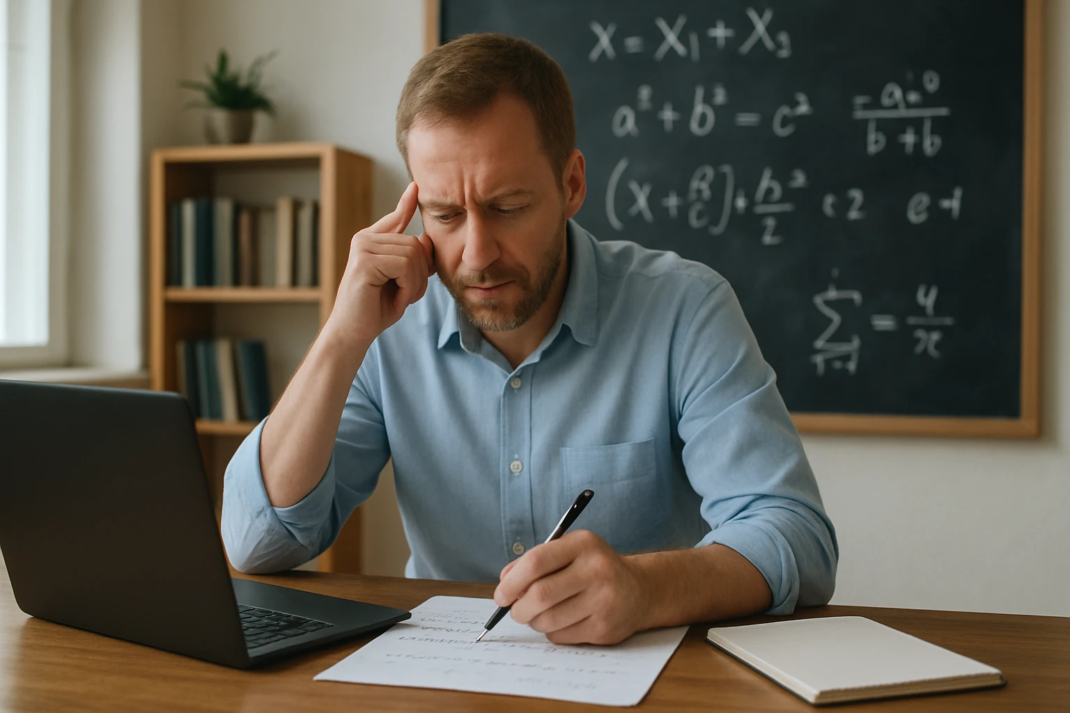 Egy férfi matematikai feladatokat old meg, miközben a számítógép előtt ül.