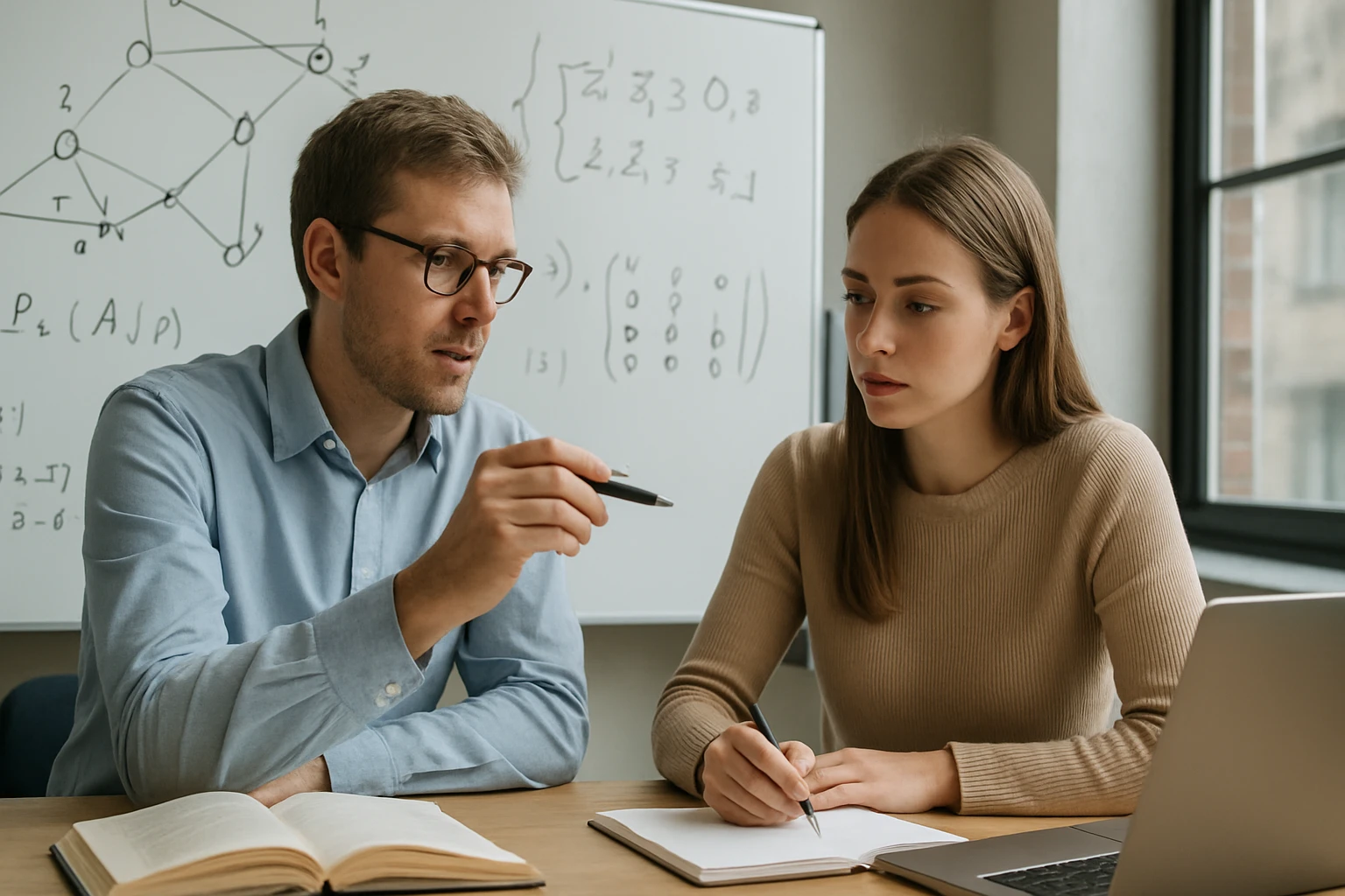 Egy férfi és egy nő matematikai problémát beszélnek meg, jegyzetelnek.