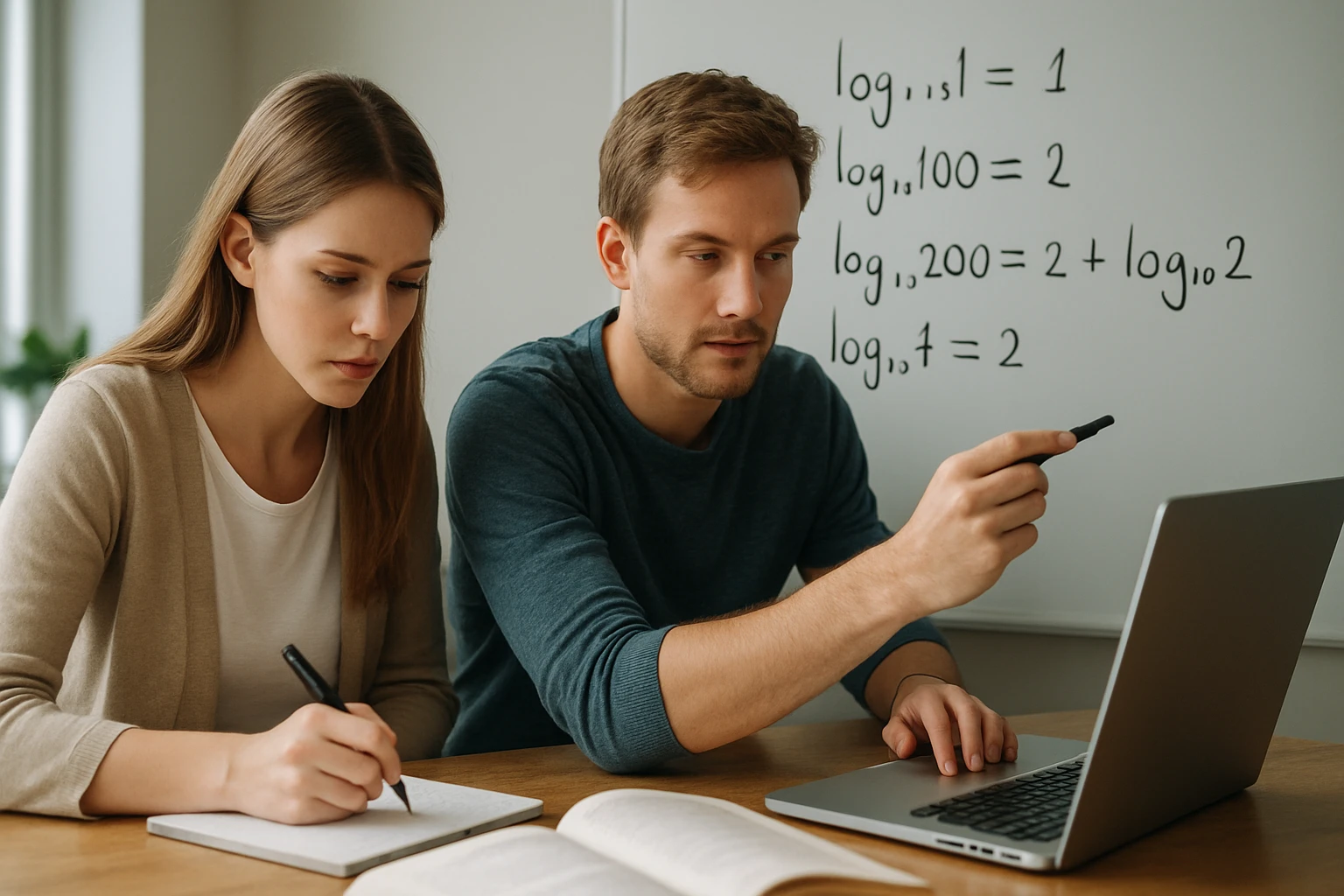 Két fiatal, aki matematikai logaritmusokat tanulmányoz, jegyzetelnek és számítógépet használnak.