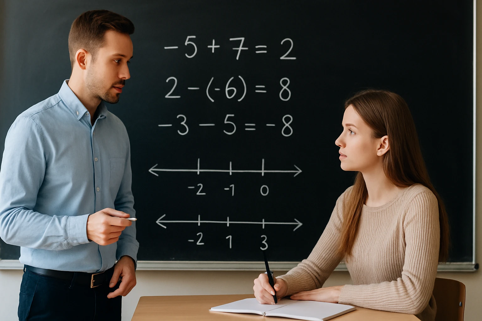 Egy tanár magyaráz matematikai feladatokat egy diáknak az osztályteremben.